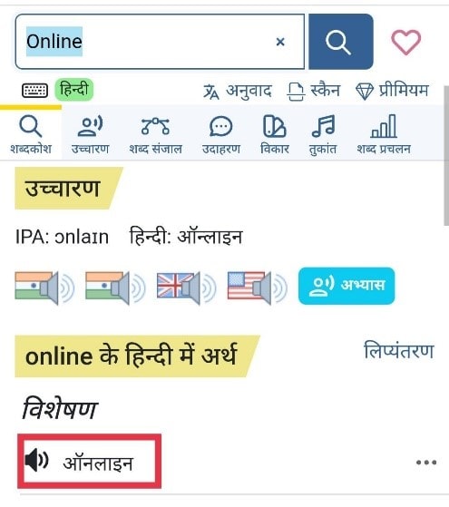 Shabdkosh Raftaar के हिसाब से Online का हिंदी में क्या नाम है?